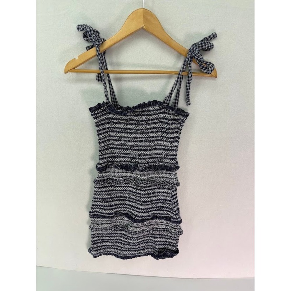 Storia Women's Size Small Blue and White Smocked Sundress Tie Straps Mini Dress